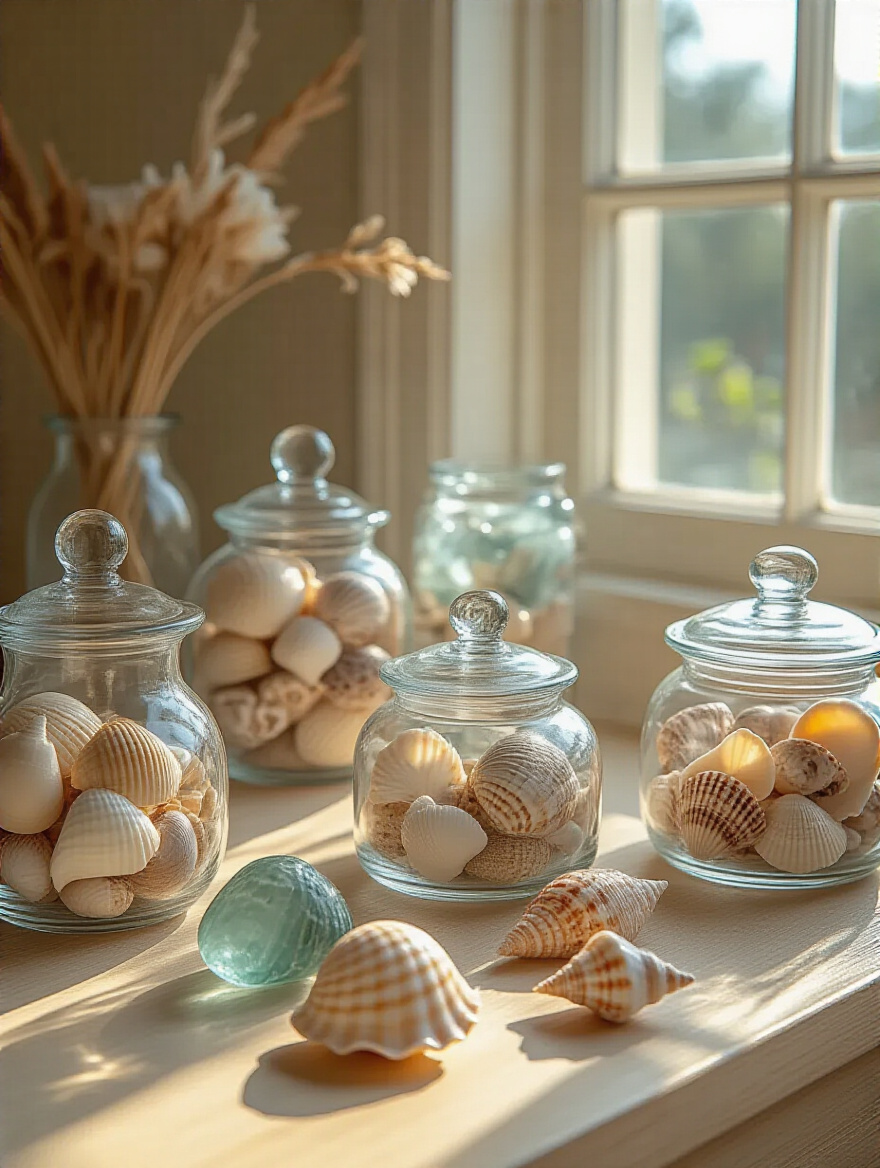 A serene display of seashells and beach glass in clear containers on a wooden vanity in a coastal bathroom setting.
