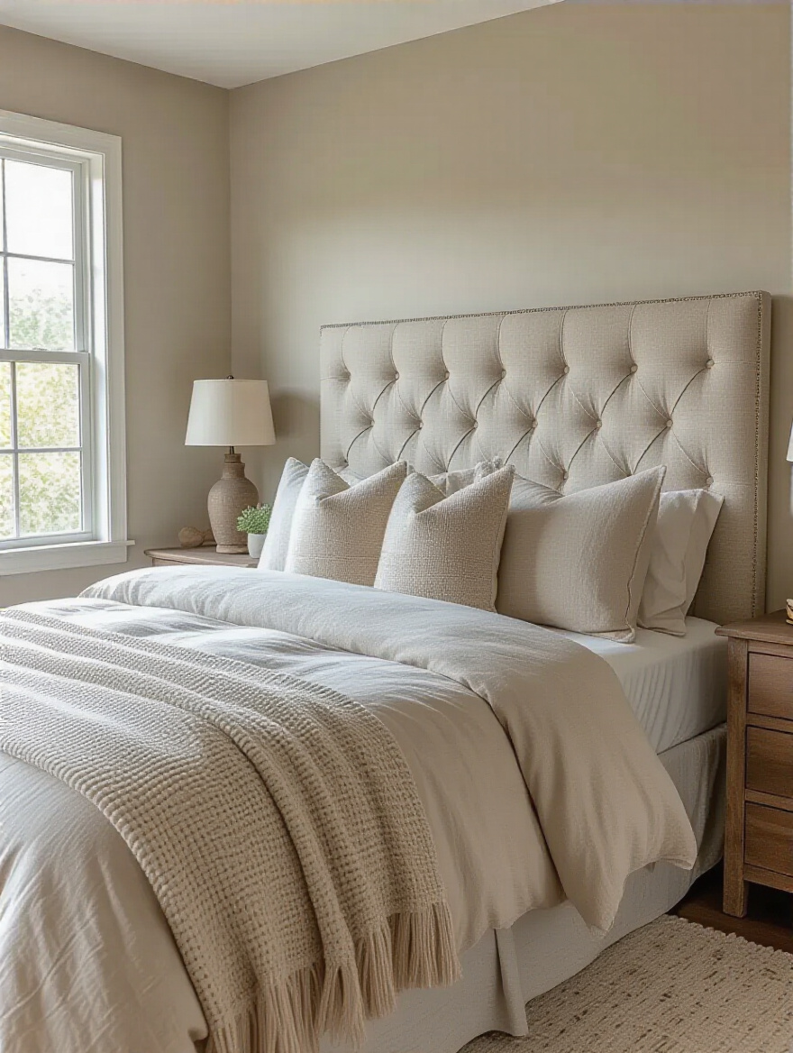 Close-up portrait of a DIY upholstered headboard with tufted linen fabric in a stylish bedroom