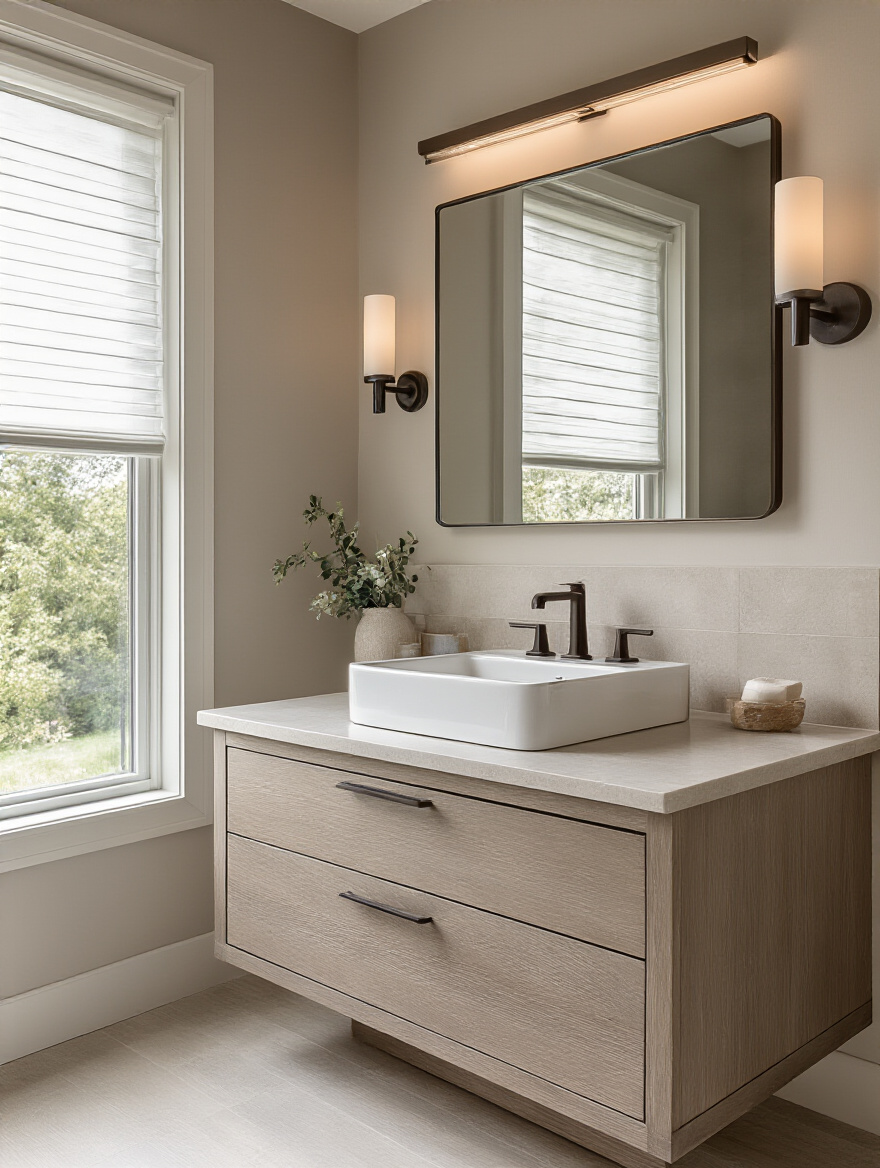 Modern bathroom vanity with a single sink, clean countertop, and neutral decor