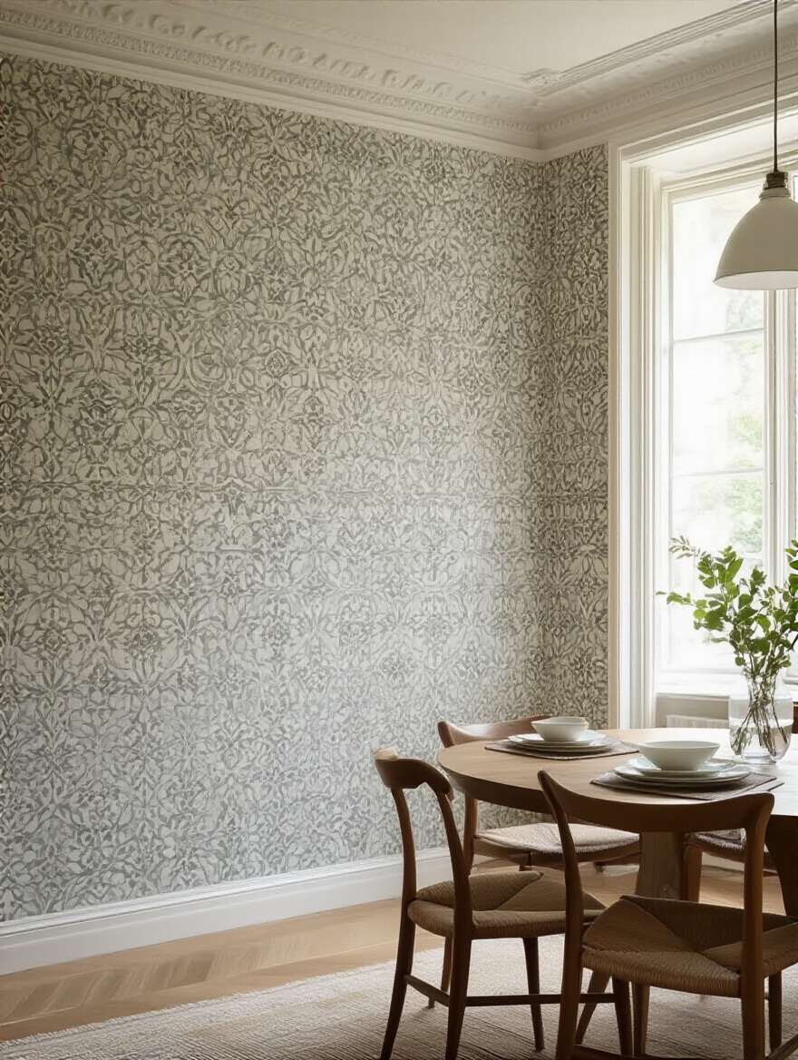 Flawlessly installed complex geometric wallpaper on dining room wall with perfect pattern alignment