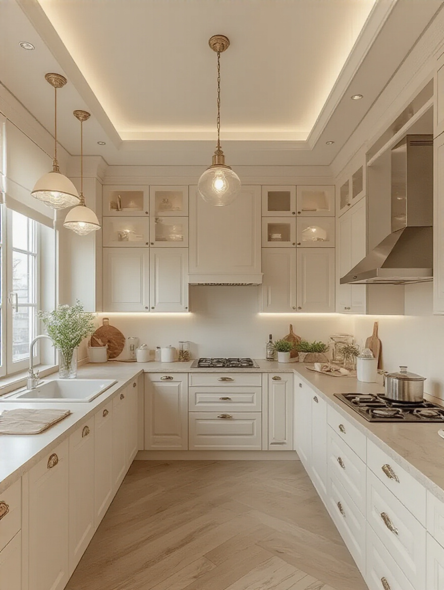 Modern kitchen interior with a soft white ceiling and elegant decor