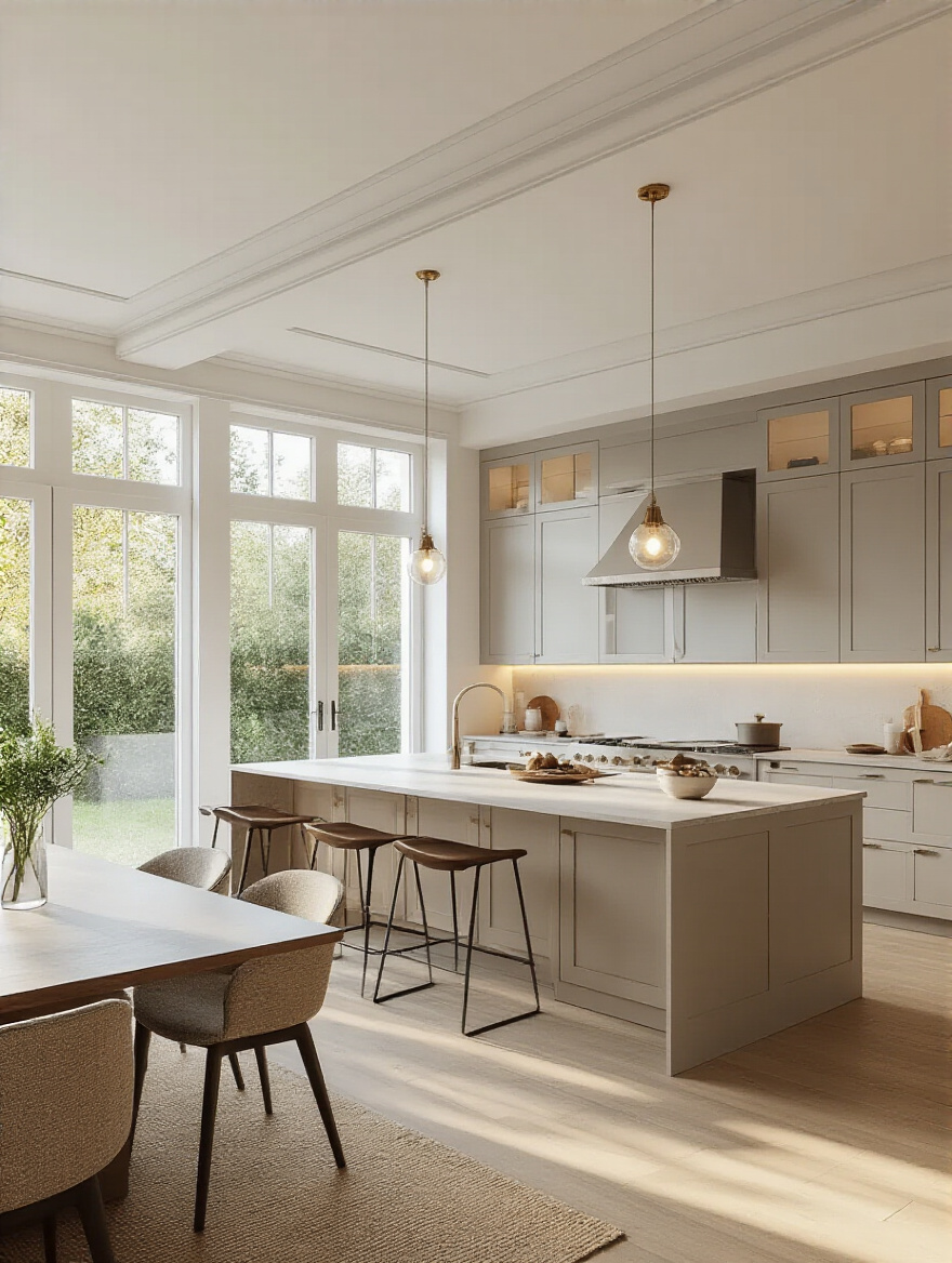 Modern kitchen design illustrating the contrast between open concept and defined spaces with elegant decor.