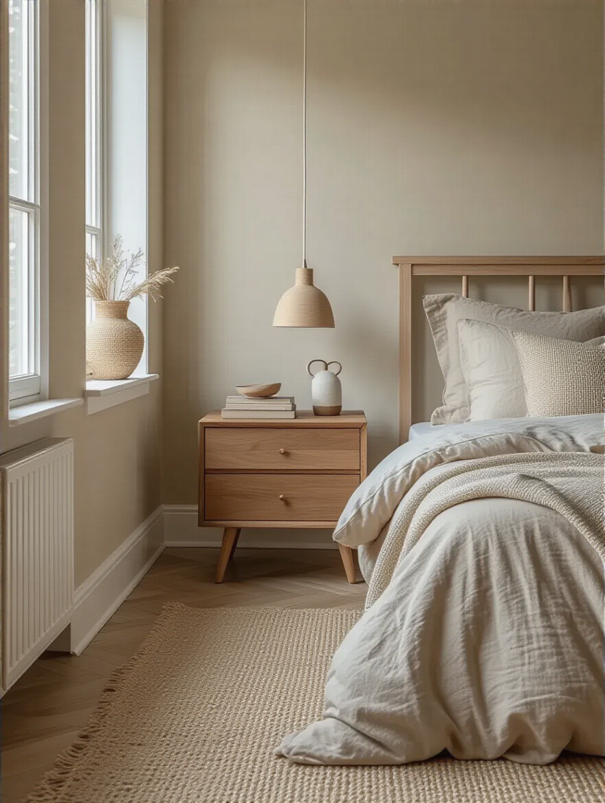 Modern bedroom corner showing subtle paint undertones harmonizing with warm and cool room elements under natural light