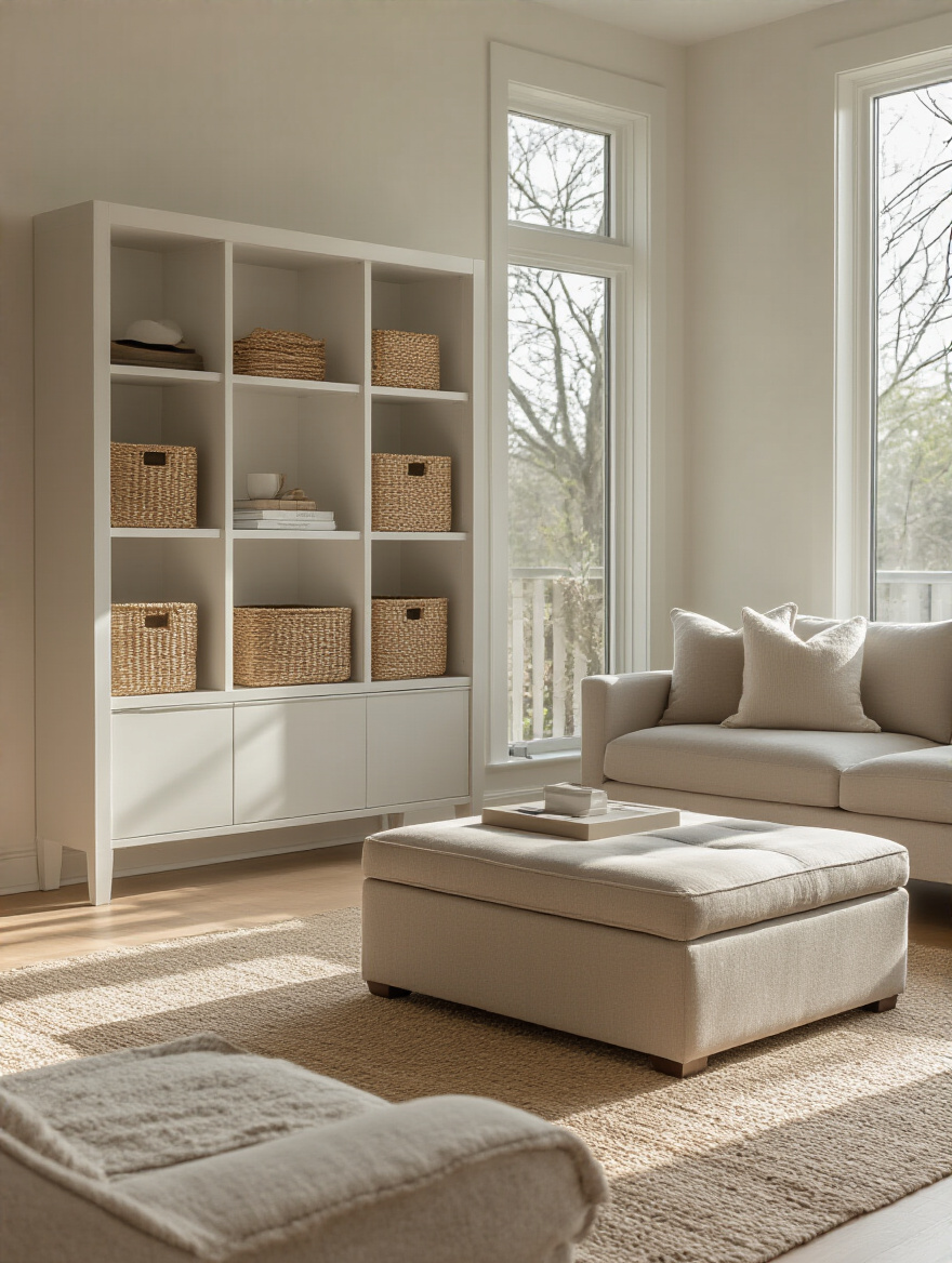 Polished and serene living room with smart decluttering and organized storage solutions, no people