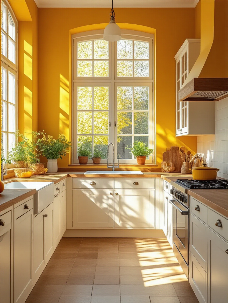 A bright and inviting kitchen with saffron yellow walls and white cabinetry, showcasing the ambiance created by strategic hues.