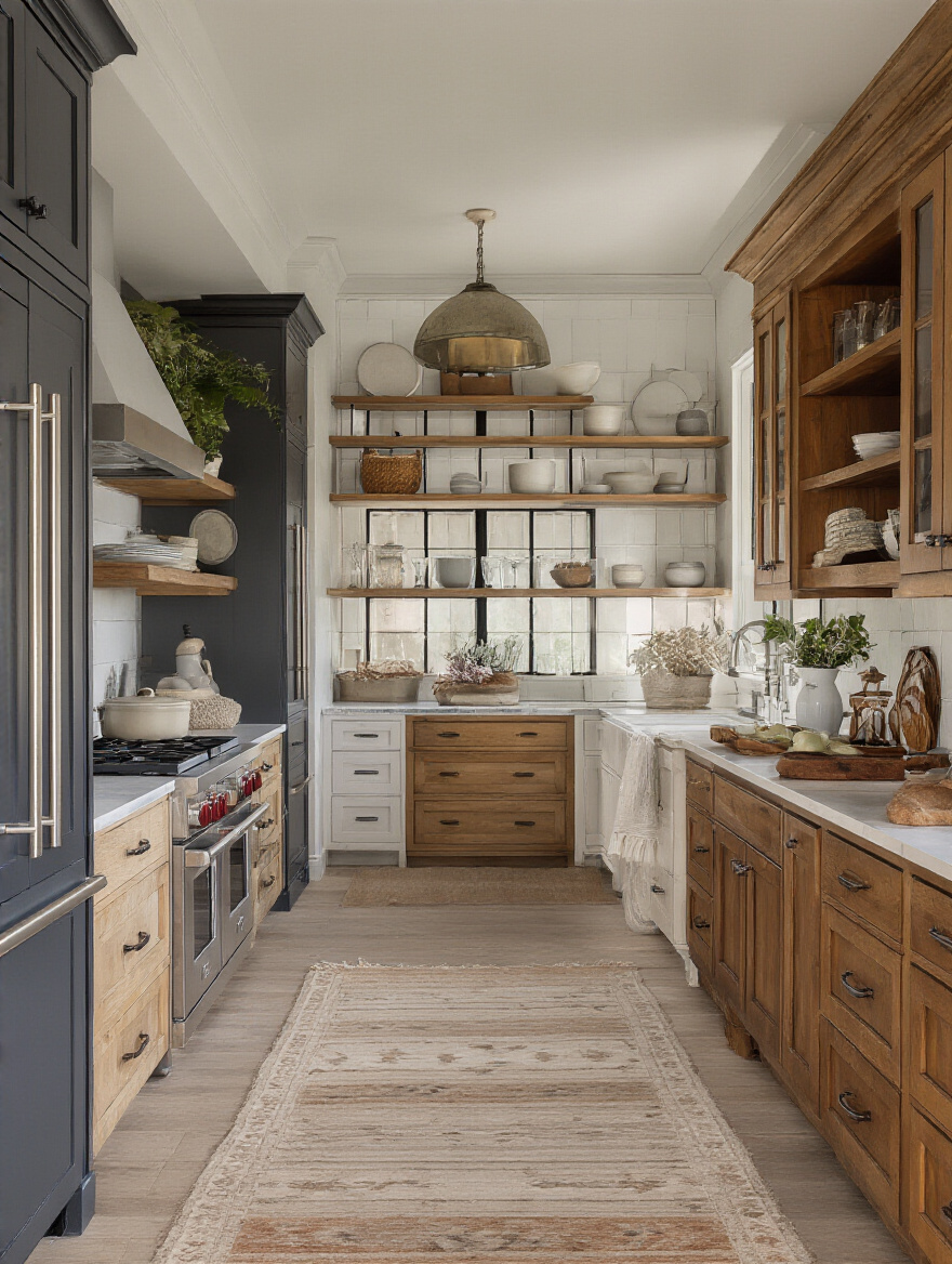 A collage showcasing Modern, Farmhouse, and Traditional kitchen decor styles in a well-lit interior setting.