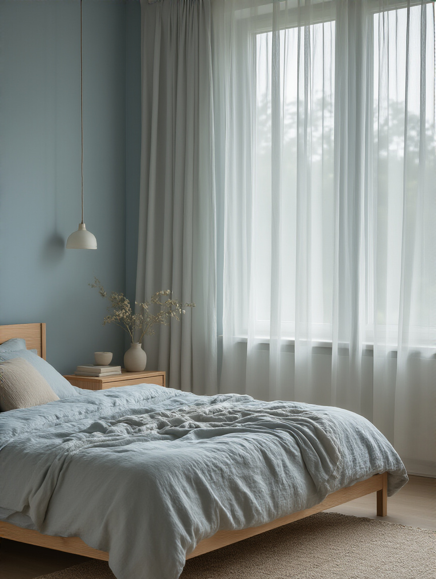 Serene bedroom with soft gray-blue walls and minimalistic wooden furniture creating a calming sleep sanctuary mood