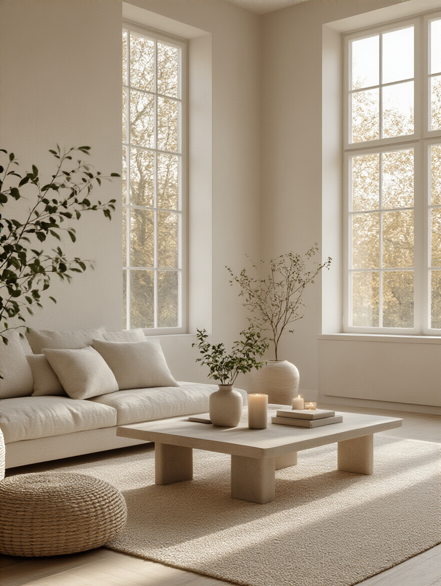 Serene minimalist living room with neutral tones and natural light