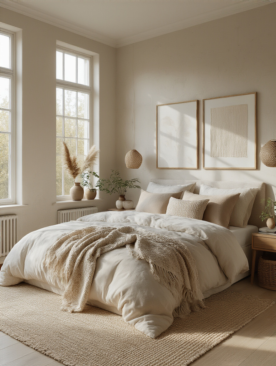 A serene and cohesive bedroom interior showcasing a well-defined personal style.