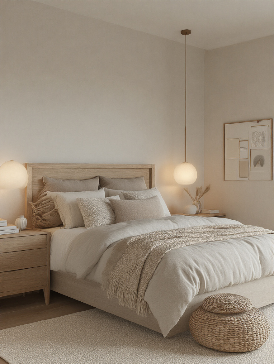 Serene and cohesive bedroom sanctuary with natural wood furniture and soft neutral tones, styled to define a personal sanctuary aesthetic