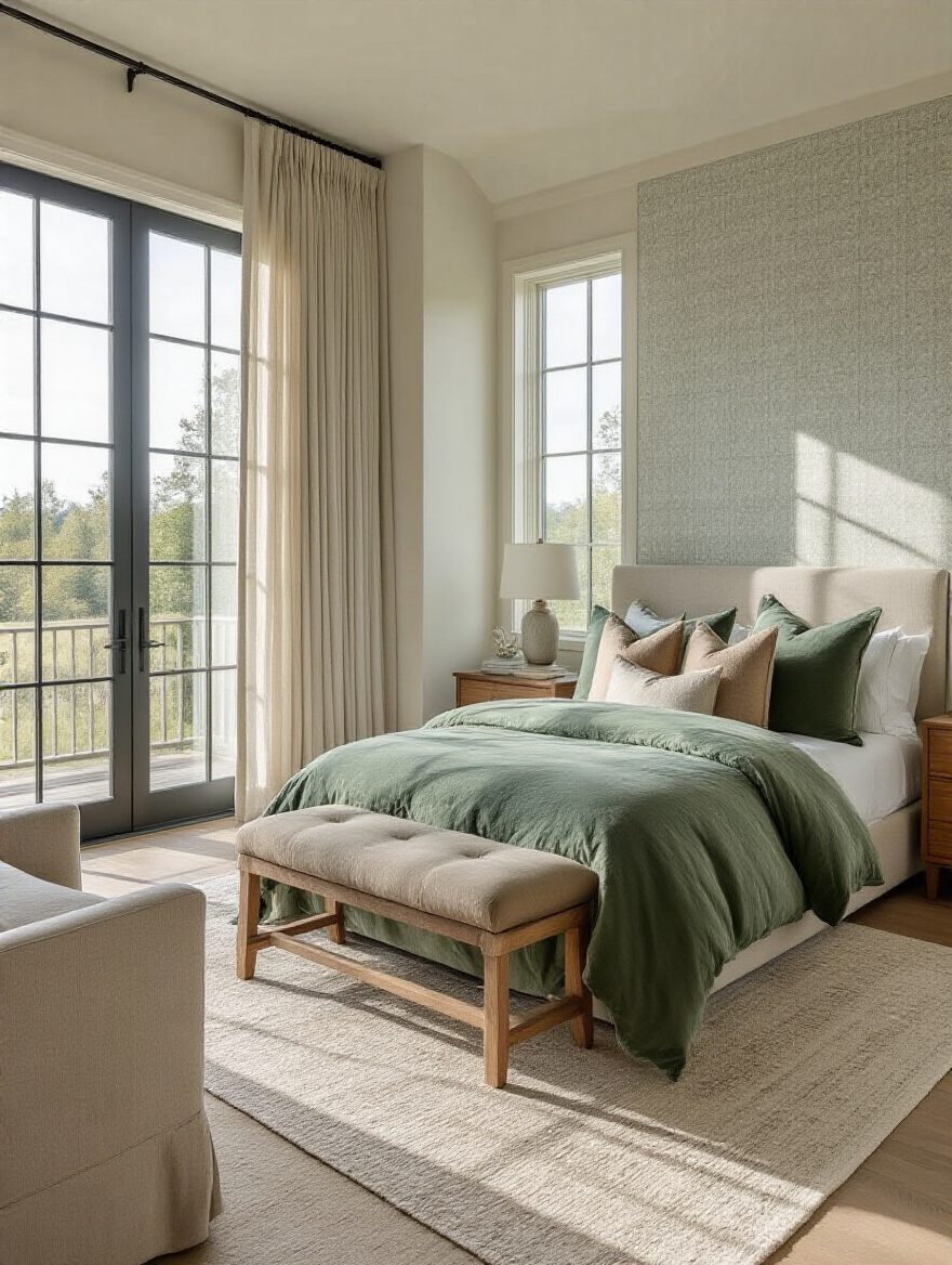 Master bedroom with personalized cohesive style featuring velvet bedding, wooden furniture, and soft natural lighting