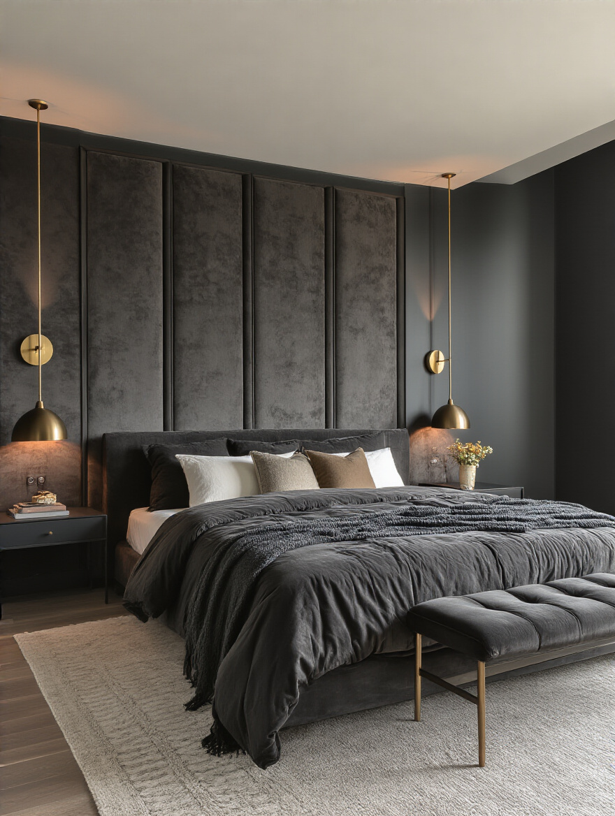Black bedroom with a captivating feature wall of deep charcoal velvet panels illuminated by warm brass sconces behind a black bed
