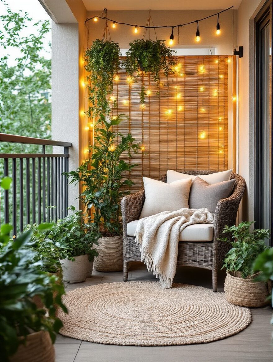 Cozy balcony nook with armchair, throw pillows, blanket, plants, bamboo screen, and fairy lights for relaxation and reading