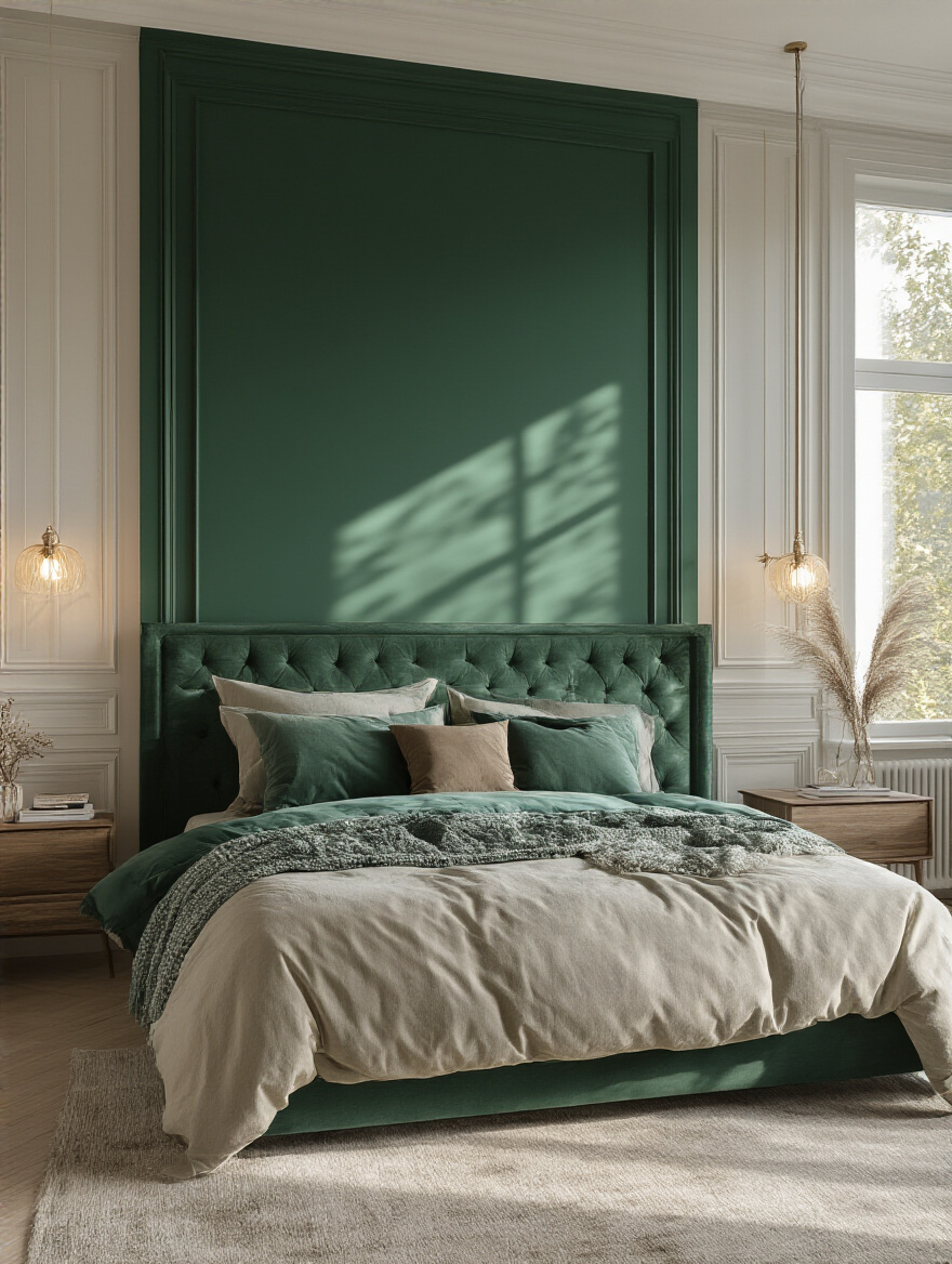 Bedroom with dramatic accent wall in emerald green behind the bed
