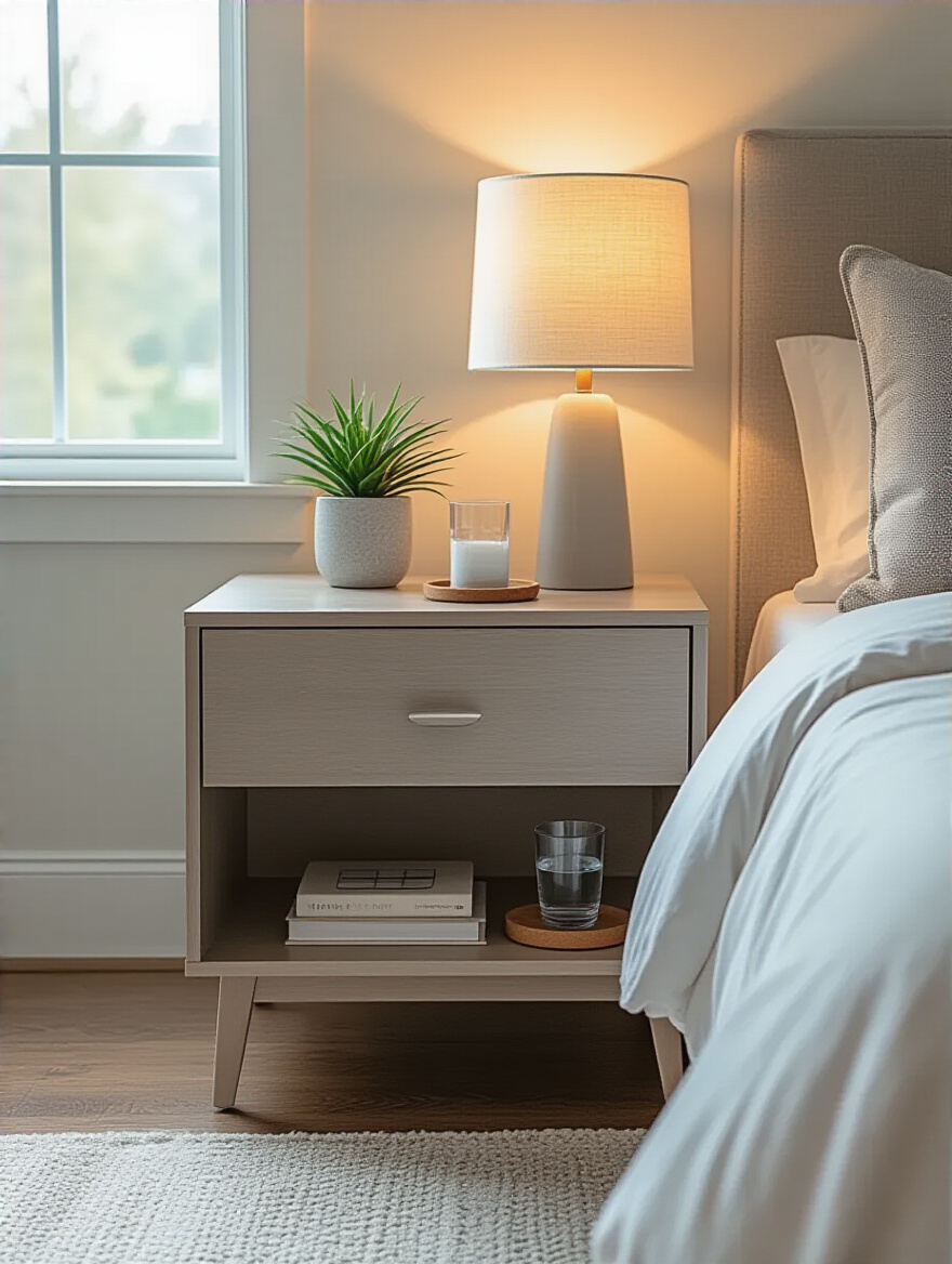 Modern master bedroom nightstand setup with minimalist lamp, plant, book, and hidden charging station in warm natural light