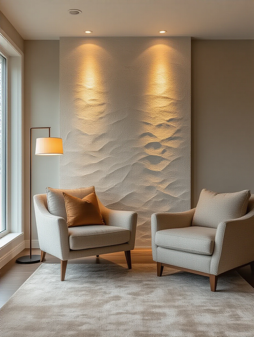 Modern living room interior with layered ambient, task, and accent lighting creating warm and functional atmosphere