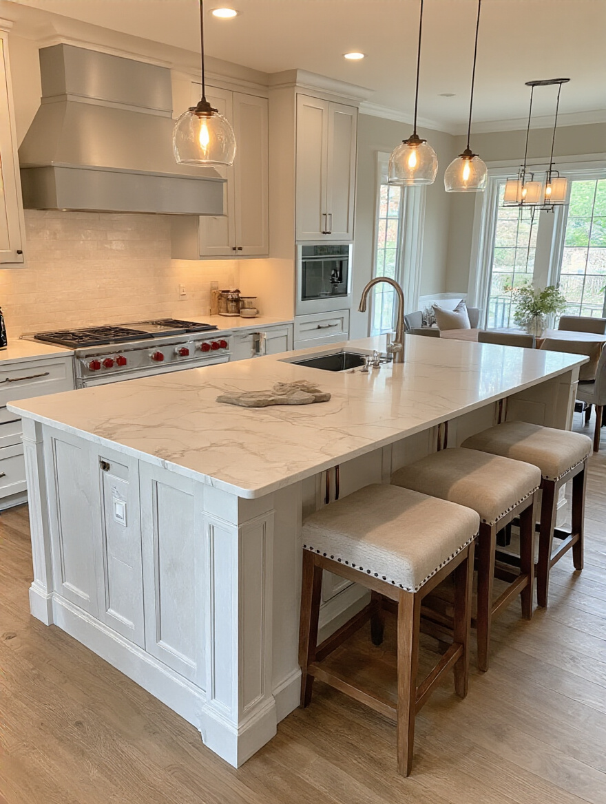 A multi-functional kitchen island with ample seating in a modern kitchen.