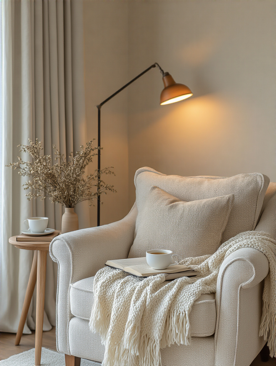 Cozy personal reading nook in master bedroom with plush armchair and warm lighting