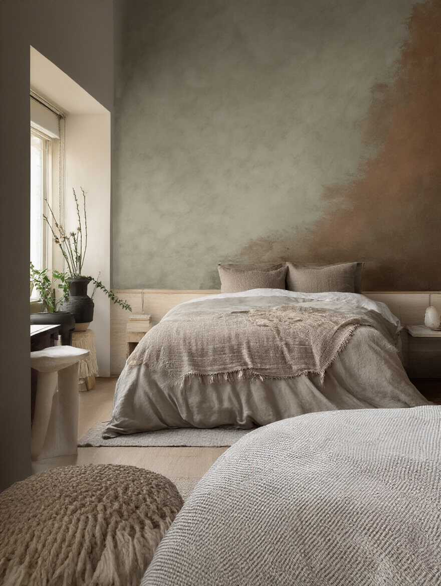 Modern bedroom with a deep rich colored accent wall behind the bed, styled minimally to highlight the wall as the focal point