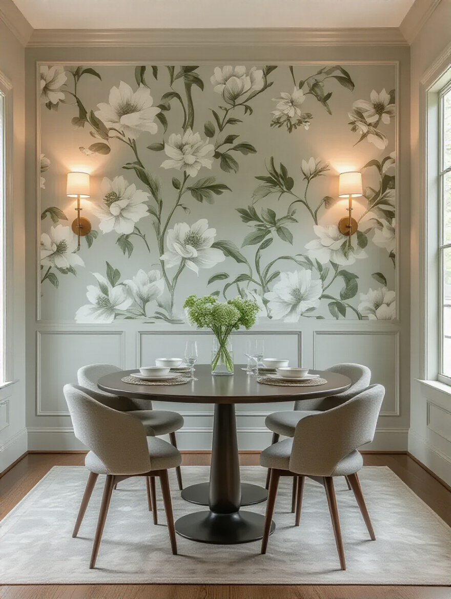 Modern dining room with a large botanical print wallpaper accent wall, dining table centered, warm sconces lighting, no people