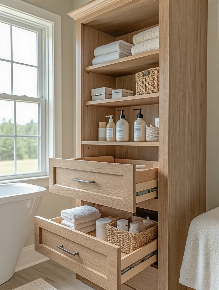 Organized bathroom vanity cabinet interior with pull-out drawers and adjustable shelves showing essential storage solutions