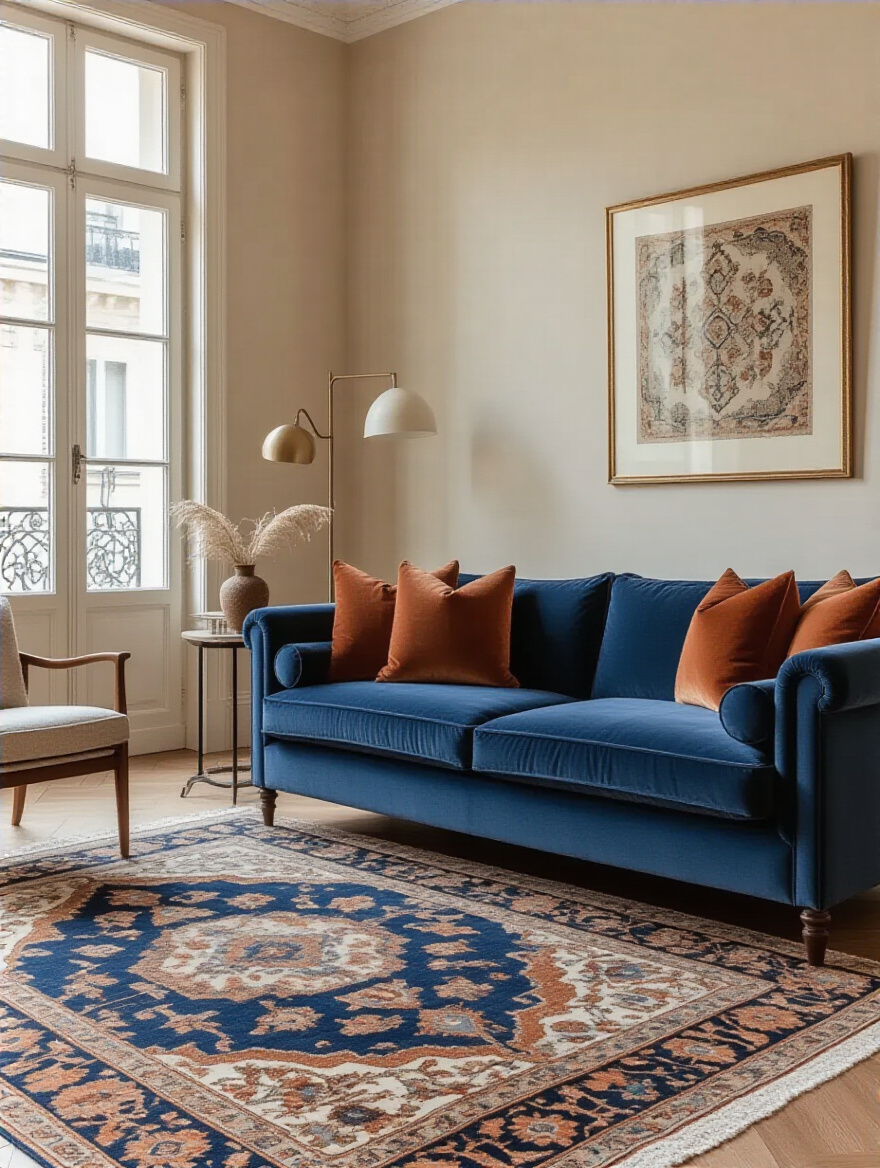 Modern living room interior with cohesive color palette featuring beige walls, deep blue sofa, terracotta accents, and antique Persian rug