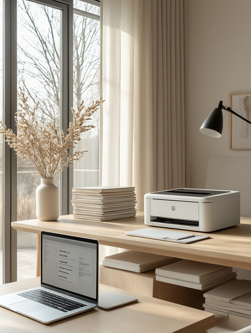 A minimalist living room with a desk, scanner, and organized digital files in folders.