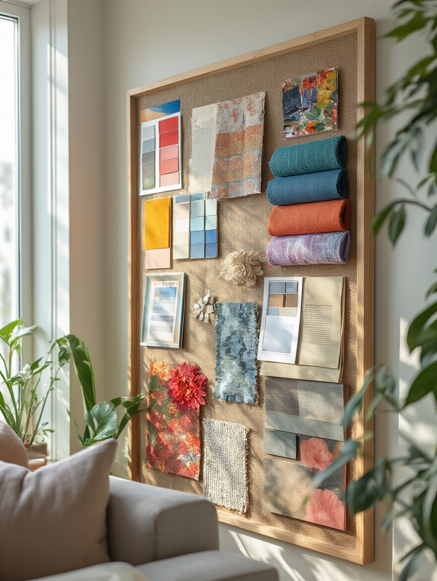 Vertical inspiration board with fabric swatches, paint chips, and magazine clippings displayed in a modern living room setting