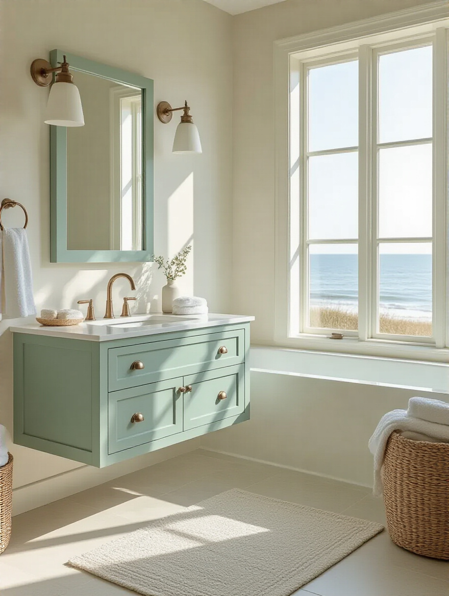 Serene coastal bathroom with a calming color palette featuring alabaster and seafoam green.