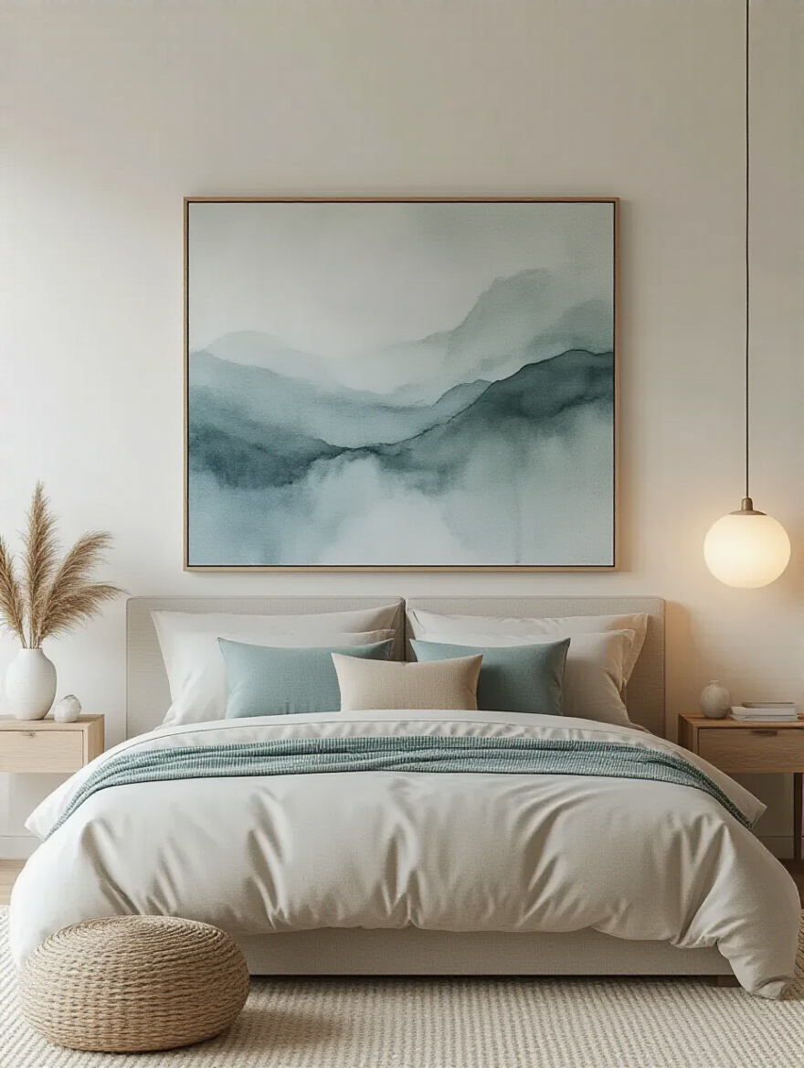 Master bedroom interior featuring calming abstract art above the bed creating a tranquil atmosphere