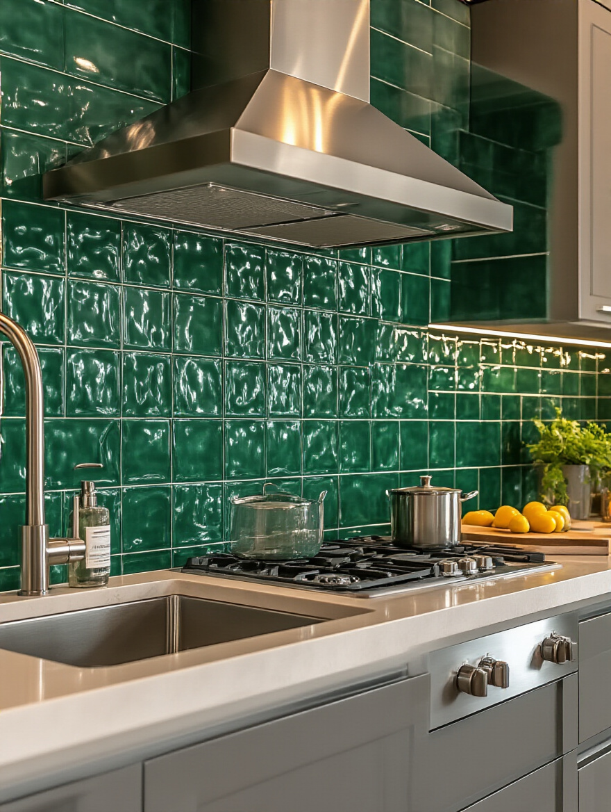 Modern kitchen with emerald green ceramic tile backsplash