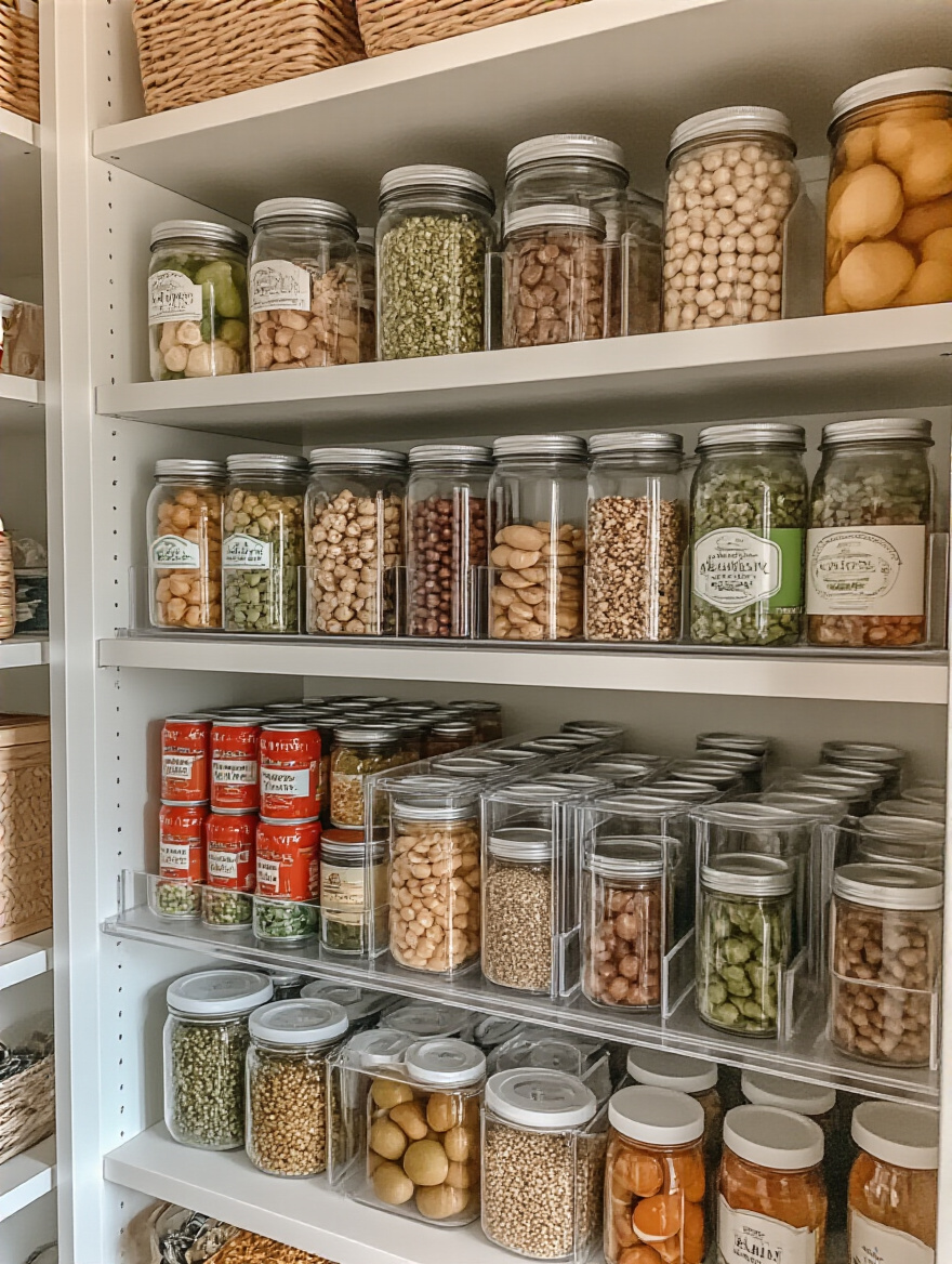 Organized pantry shelf with stackable shelf risers displaying tiered canned goods and jars for improved visibility