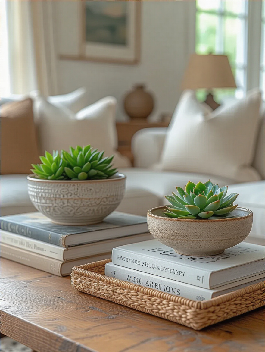 Thoughtfully arranged decorative accessories on a living room coffee table including ceramic bowl, art books, and succulent plant