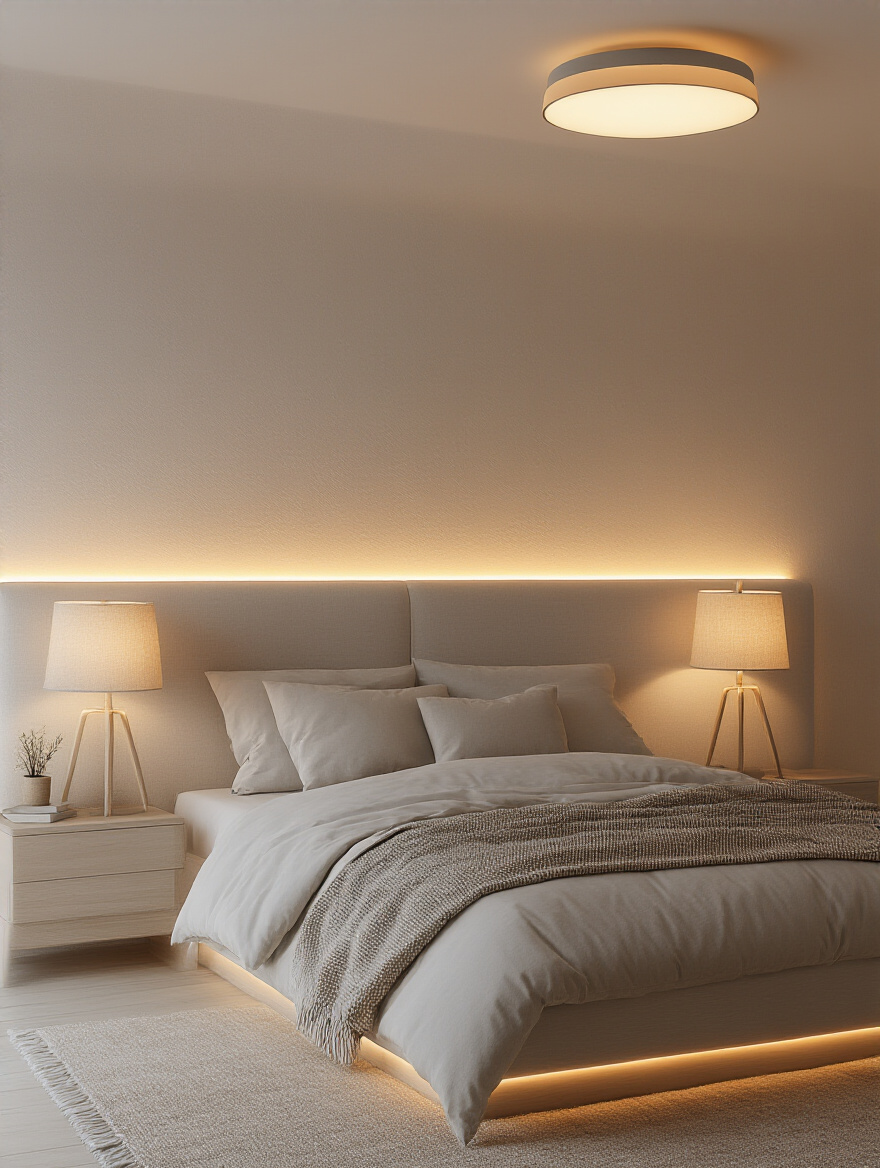 Modern bedroom with warm ambient glow, soft task lighting from bedside lamp, and subtle accent LED strip lighting behind headboard