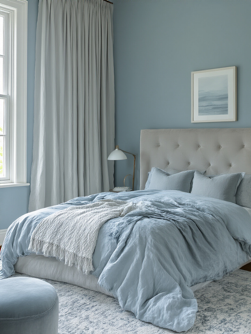 Serene bedroom interior with monochromatic muted blue paint scheme showing varied textures and soft natural lighting