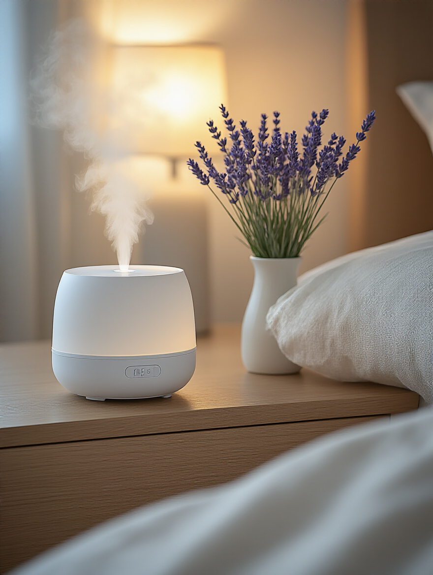 Close-up of an ultrasonic scent diffuser releasing mist on a nightstand with lavender flowers and soft bedside lamp light in a master bedroom