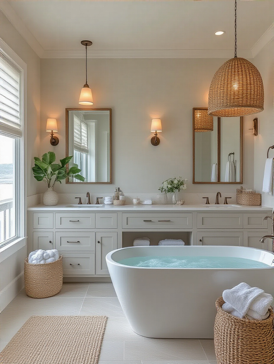 Coastal bathroom design with layered lighting fixtures including sconces and a pendant light.
