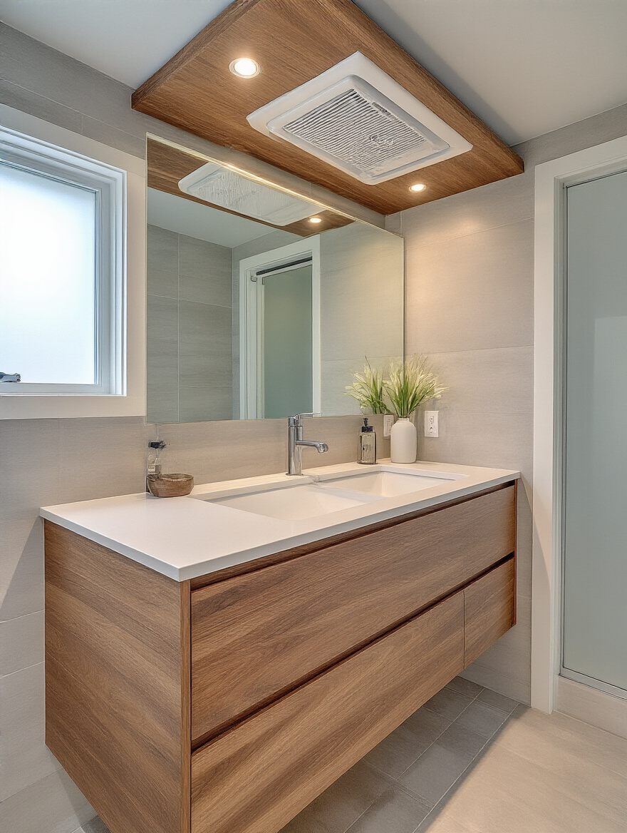 Modern bathroom vanity with ceiling exhaust fan ensuring adequate ventilation to protect the vanity from moisture damage