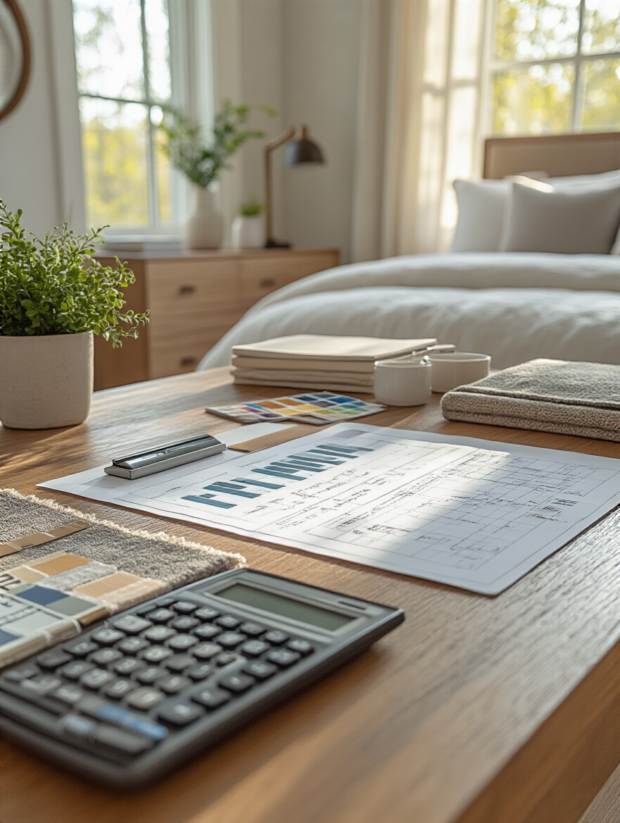 Detailed budget planning setup for a bedroom makeover with spreadsheets, calculator, and material samples on a wooden desk