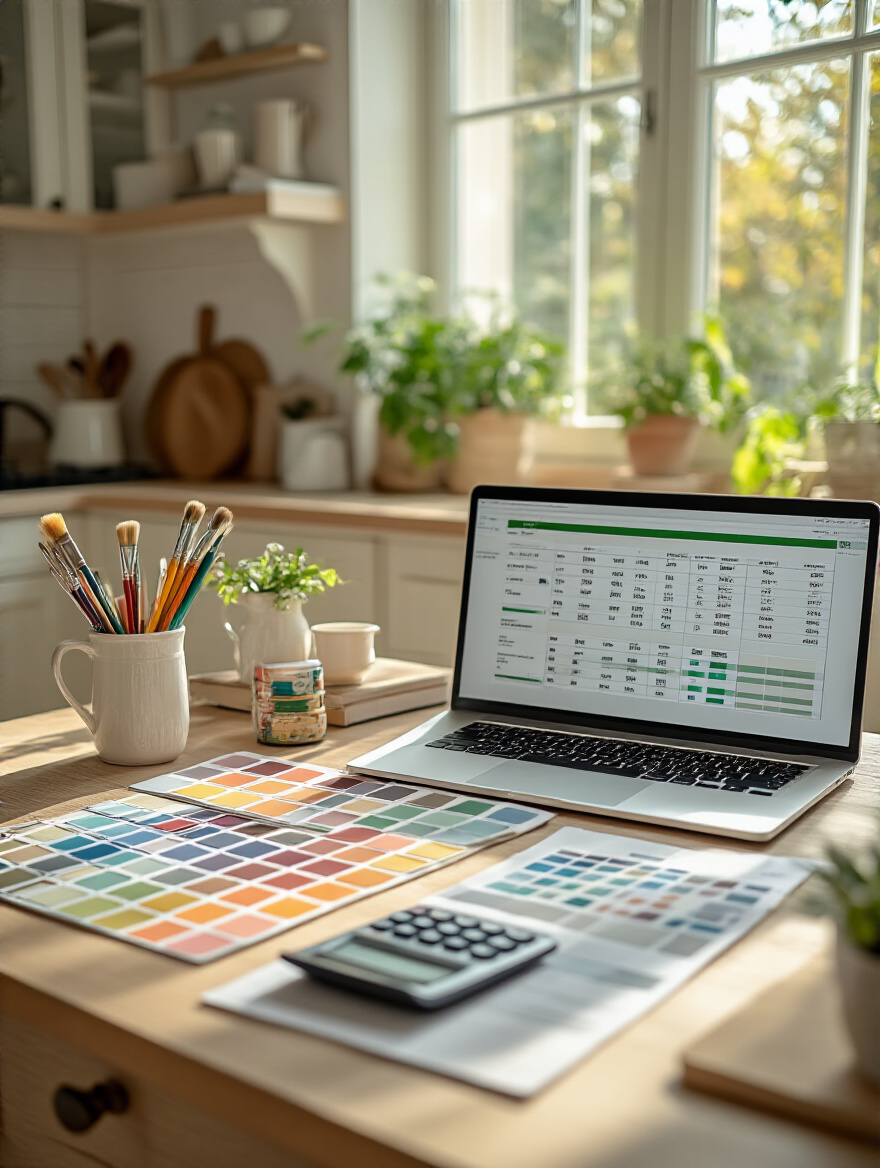 A cozy kitchen scene illustrating a budgeting workspace with paint samples, a laptop, and decorative accessories.