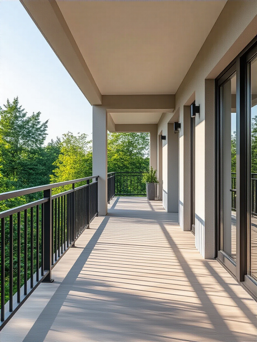 Close-up portrait photo of a modern balcony showing floor and structural elements for load capacity evaluation