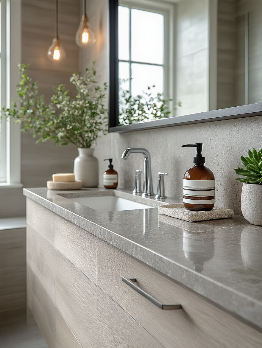 Close-up portrait photo of a modern engineered quartz bathroom countertop with natural lighting and minimalistic decor