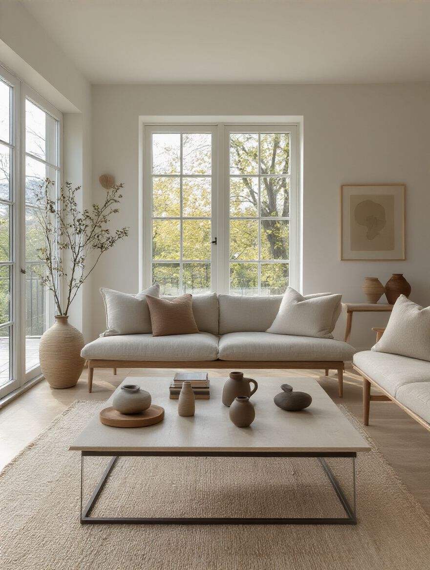 Minimalist living room with curated decor and natural light