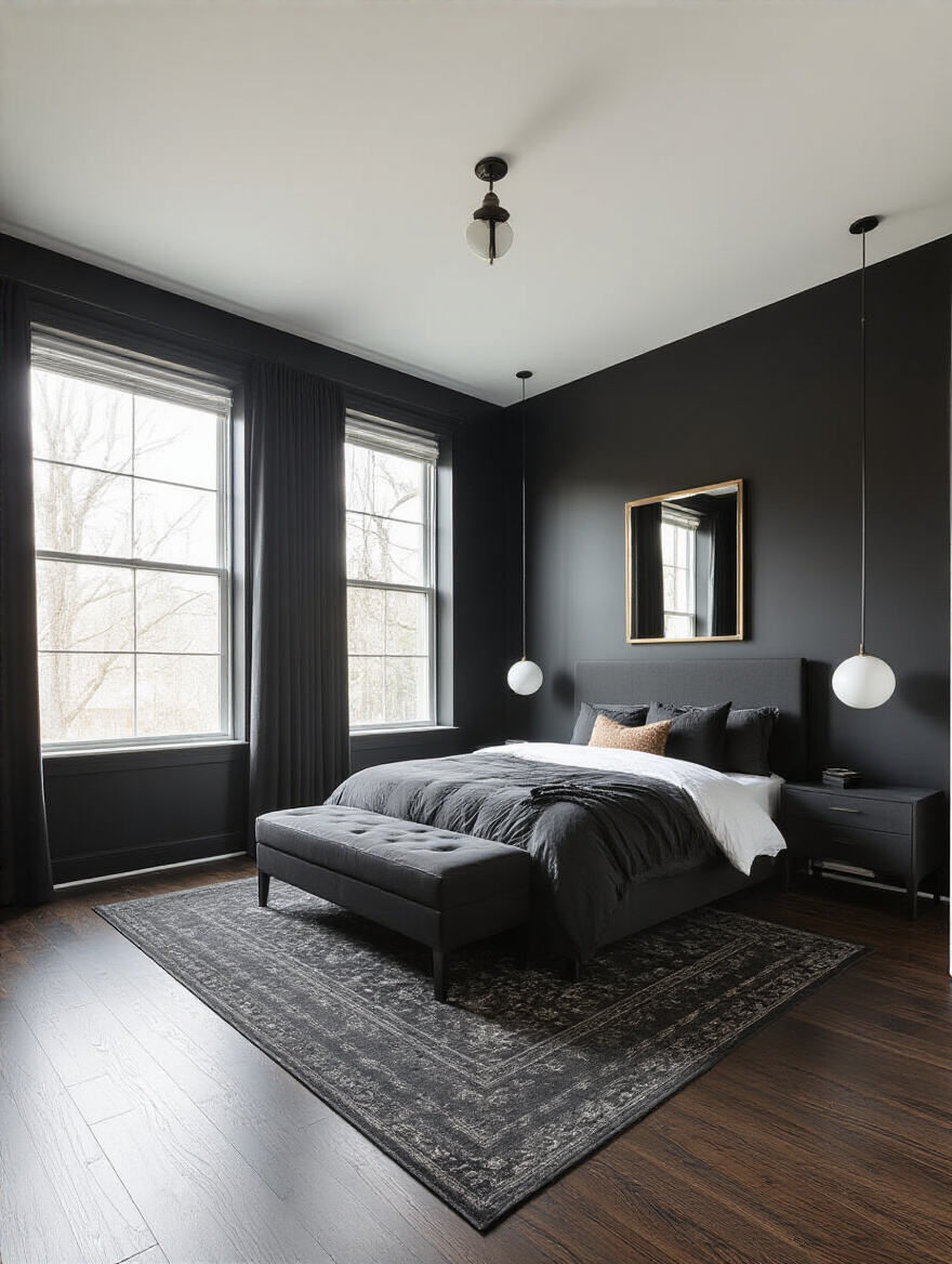 Sophisticated black bedroom interior showcasing room size evaluation and natural light with matte black walls and large window reflection