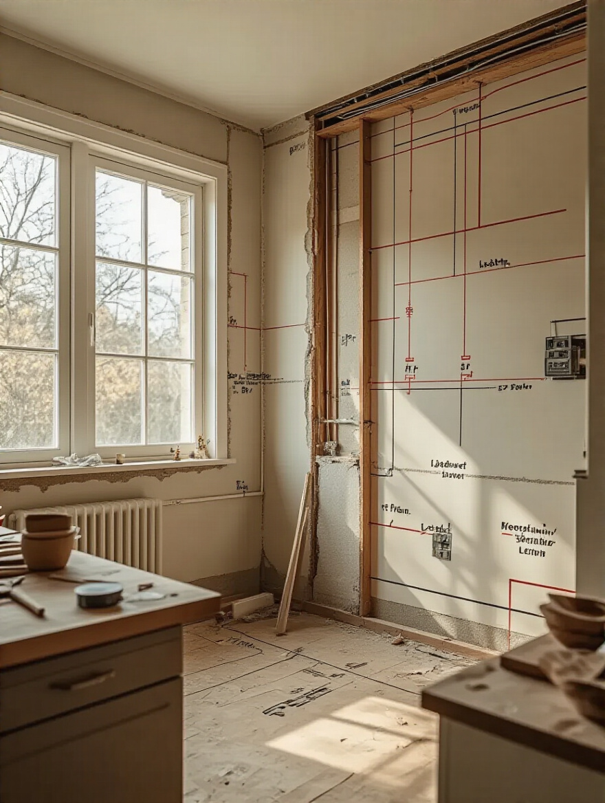 Kitchen space showing load-bearing walls and utility lines mapped out for safety before demolition.