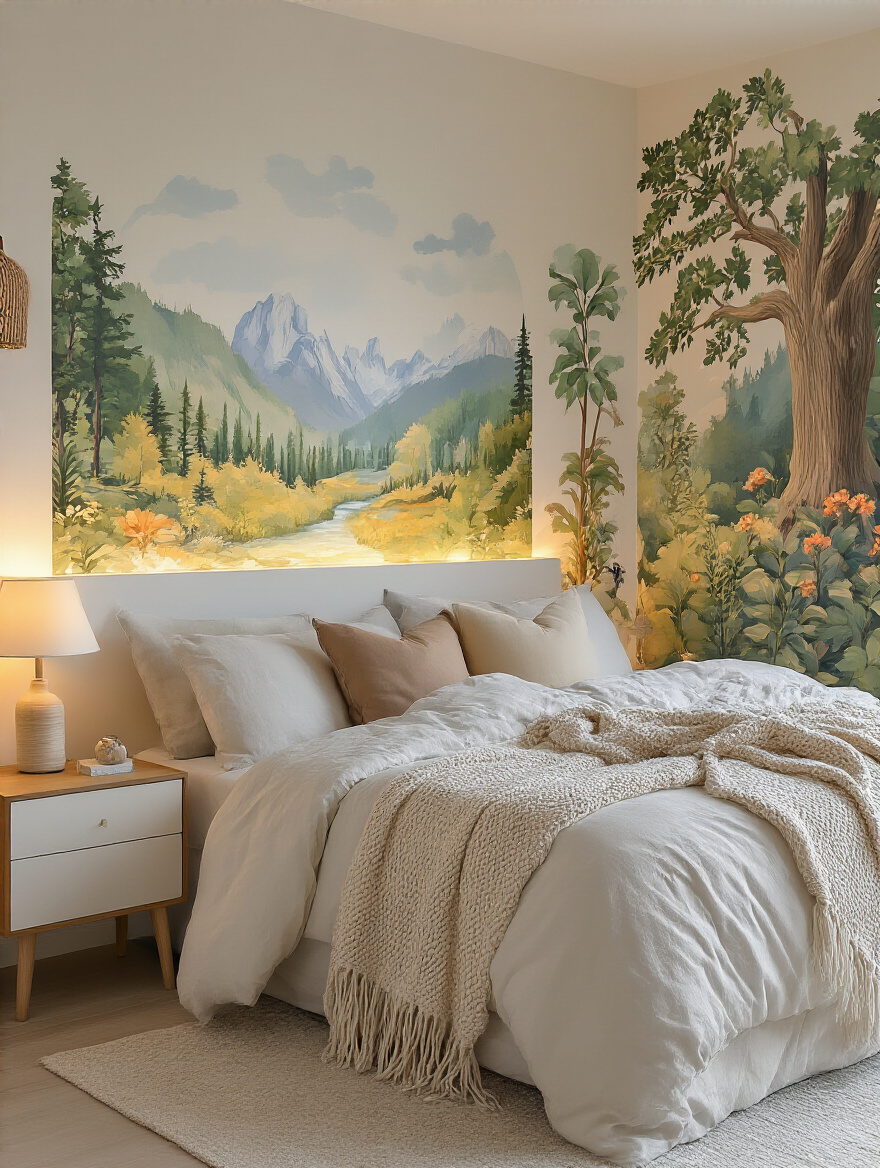 Cozy bedroom with removable wall decals depicting nature scenes, showcasing rental-friendly decor.