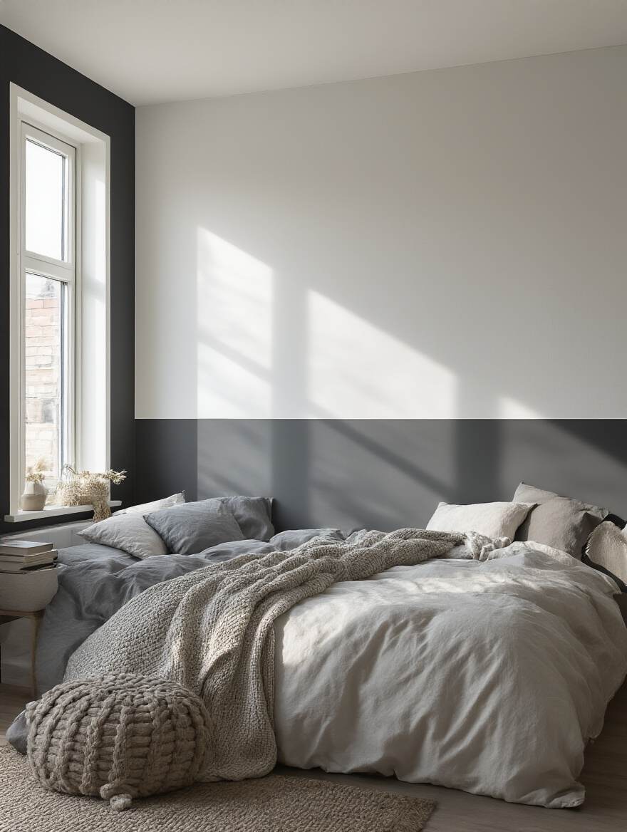 Modern bedroom with two-tone walls in charcoal grey and white, showcasing architectural interest and depth
