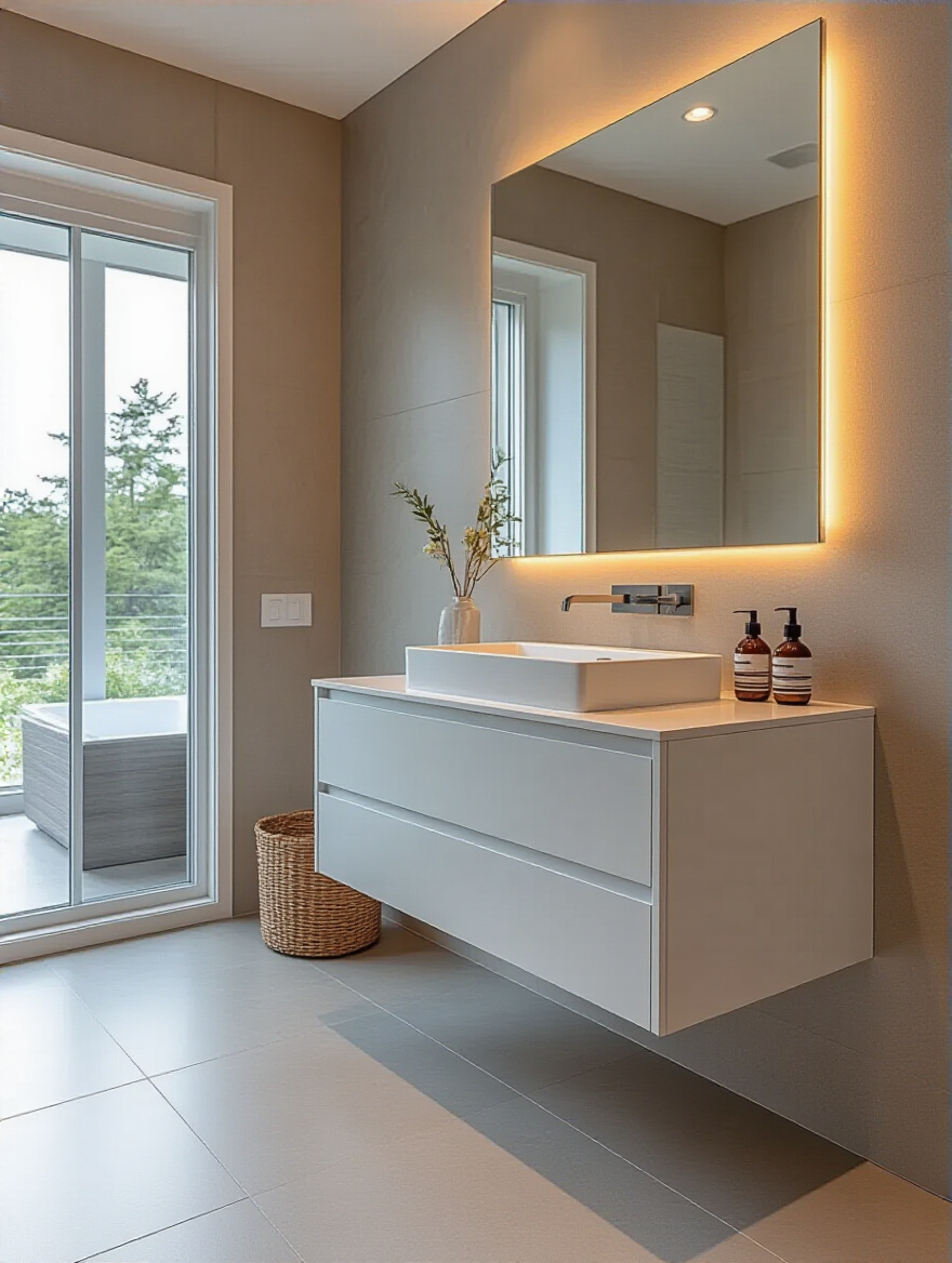 Modern bathroom with a sleek wall-mounted vanity showcasing space-saving elegance and minimalist design