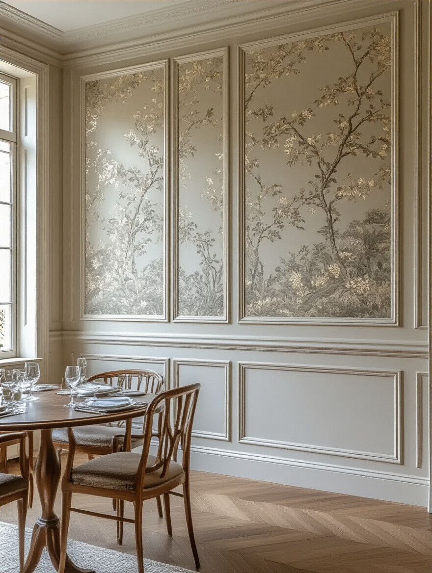 Elegant dining room featuring framed decorative wallpaper panels within wall molding, showcasing a sophisticated and bespoke design