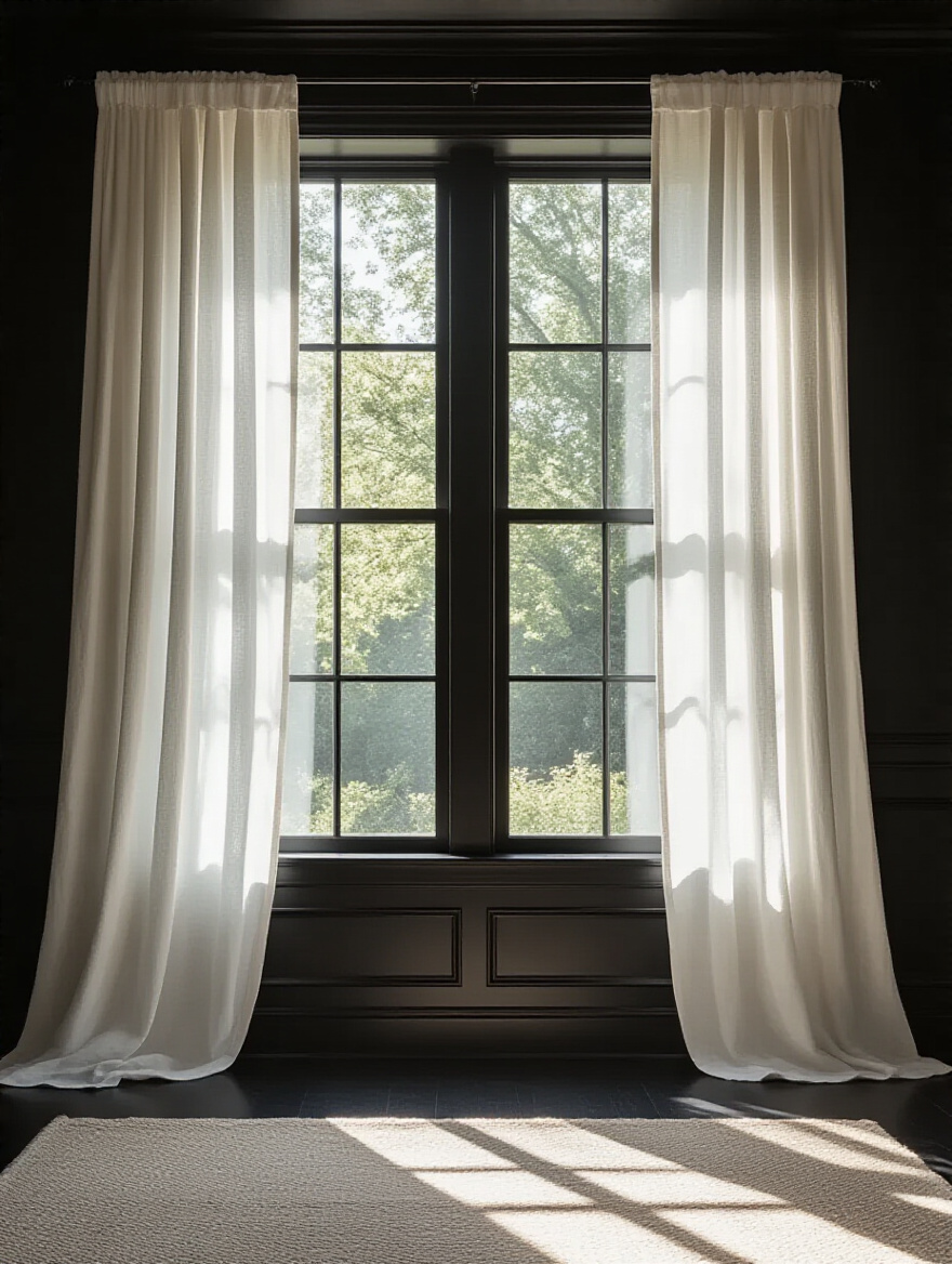 Black bedroom with large windows framed by sheer off-white curtains allowing soft natural light to illuminate matte black walls